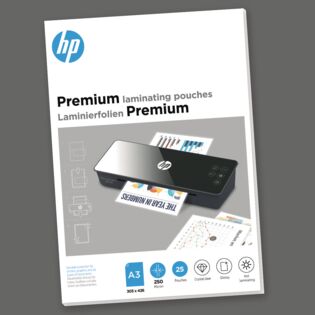 Verpackung HP Laminierfolien Premium A3 250 Micron 25 Stück auf grauem Hintergrund/GO Europe