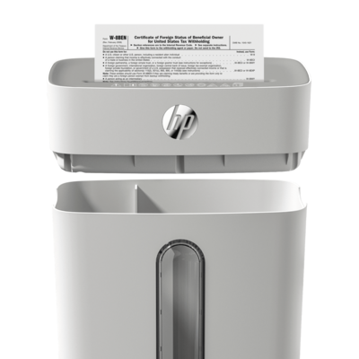 Aktenvernichter HP OneShred 8CC Front geöffnet mit Papier/GO Europe