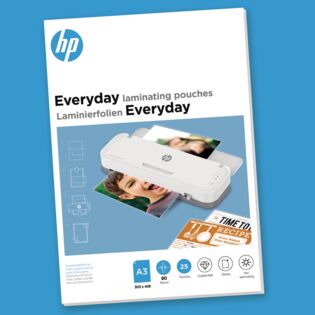 Verpackung HP Laminierfolien Everyday A3 80 Micron 25 Stück auf blauem Hintergrund/GO Europe