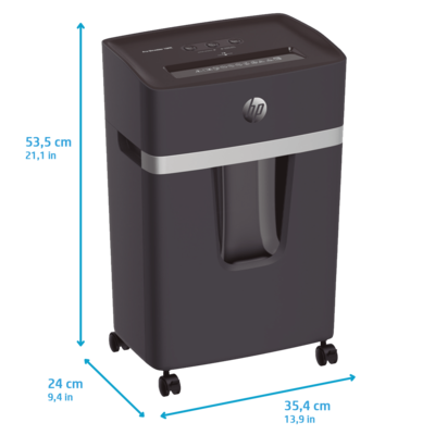 HP Pro Shredder 10MC mit Abmessungen/GO Europe