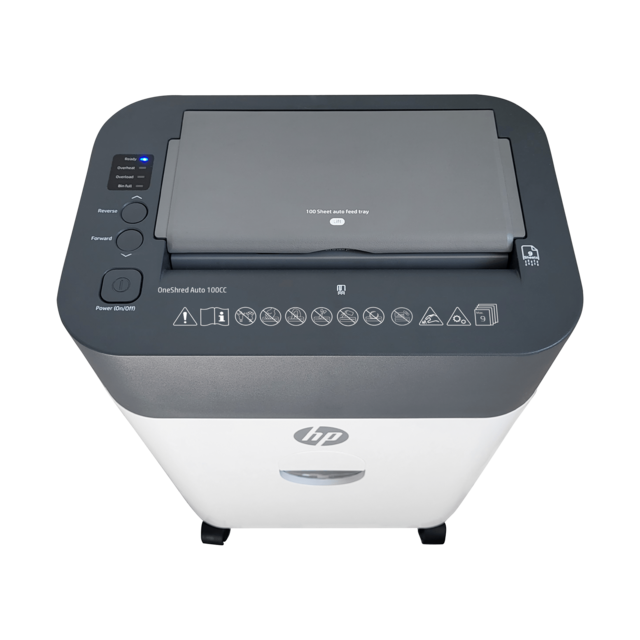 Aktenvernichter HP OneShred Auto 100CC Front oben blaue LED/GO Europe