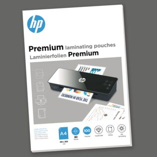 Verpackung HP Laminierfolien Premium A4 80 Micron 100 Stück auf grauem Hintergrund/GO Europe