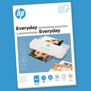 Verpackung HP Laminierfolien Everyday A4 80 Micron 25 Stück auf blauem Hintergrund/GO Europe