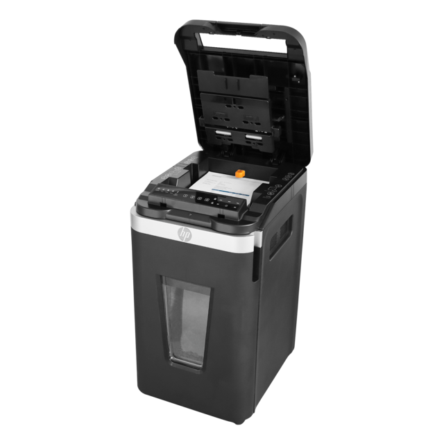 Aktenvernichter HP Pro Shredder Auto 400CC Front linke Seite Klappe offen/GO Europe