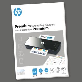 Verpackung HP Laminierfolien Premium A3 125 Micron 50 Stück auf grauem Hintergrund/GO Europe