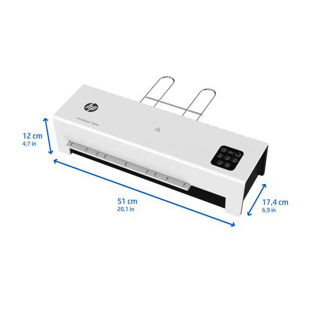 Laminiergerät HP Pro Laminator 1100 A3 Front linke Seite mit Abmessungen/GO Europe
