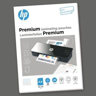 Verpackung HP Laminierfolien Premium A4 125 Micron 25 Stück gelocht auf grauem Hintergrund/GO Europe