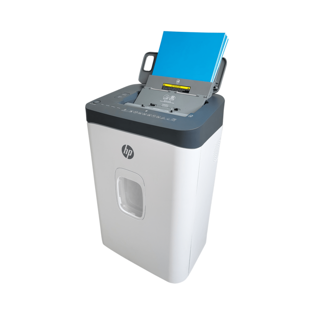 Aktenvernichter HP OneShred Auto 200CC Front linke Seite mit Papierzuführung/GO Europe
