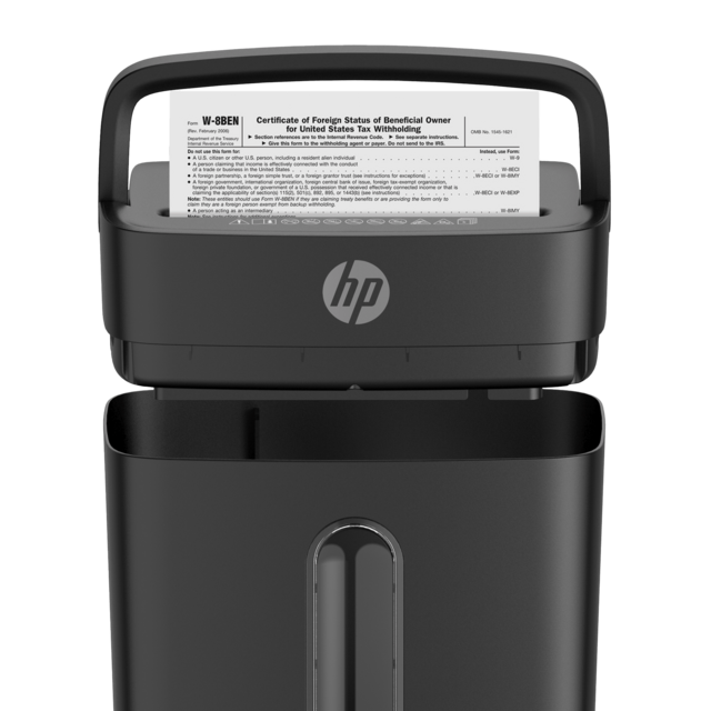Aktenvernichter HP OneShred 6CC Front geöffnet mit Papier und Griff/GO Europe
