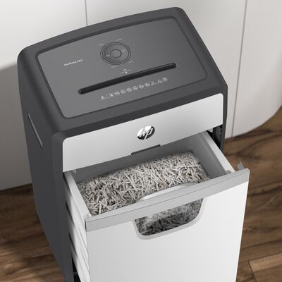 Aktenvernichter HP OneShred 24CC geöffnet mit Schnittgut/GO Europe