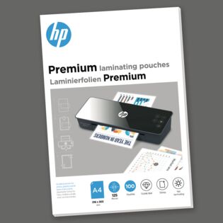 Verpackung HP Laminierfolien Premium A4 125 Micron 100 Stück auf grauem Hintergrund/GO Europe
