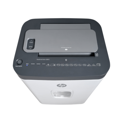 Aktenvernichter HP OneShred Auto 200CC Front oben blaue LED/GO Europe