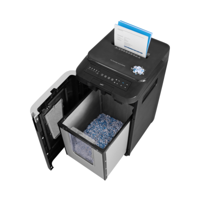 Aktenvernichter HP Pro Shredder Auto 400MC Front linke Seite Papierzuführung offener Behälter blaue LED/GO Europe