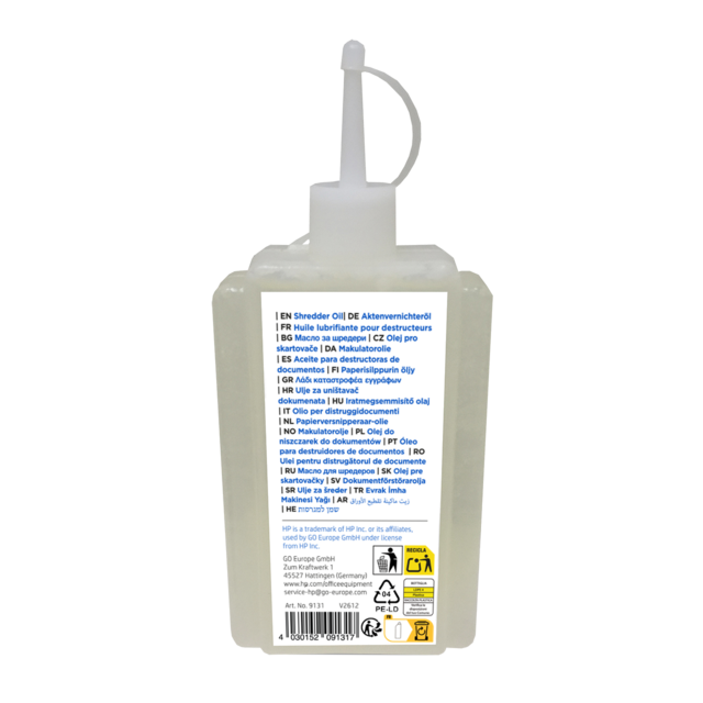 HP Aktenvernichter Öl 120 ml Flasche Rückseite/GO Europe