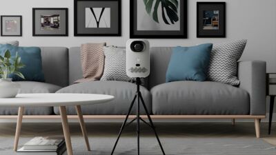 Projektor HP CC360 auf Stativ im Wohnzimmer/GO Europe