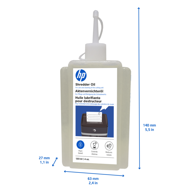 HP Aktenvernichter Öl 120 ml Flasche Frontansicht mit Abmessungen/GO Europe