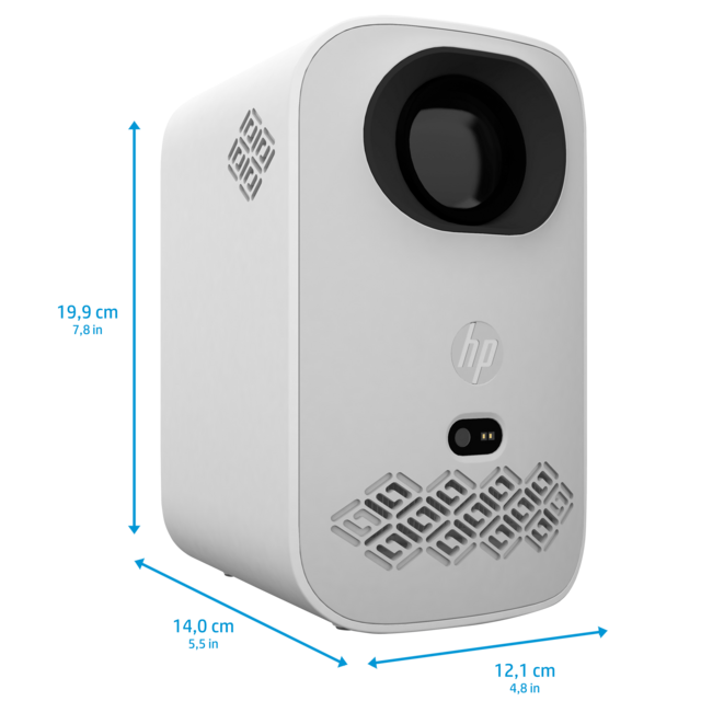 Projektor HP CC360 Front rechte Seite mit Abmessungen/GO Europe