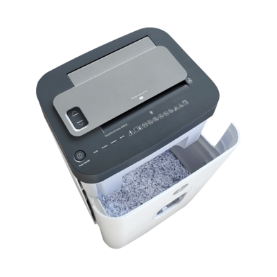 Aktenvernichter HP OneShred Auto 200CC geöffnet mit Schnittgut/GO Europe