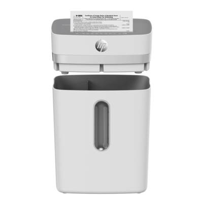 Aktenvernichter HP OneShred 12CC Front geöffnet mit Papier/GO Europe