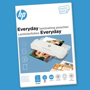 Verpackung HP Laminierfolien Everyday Starter Set 80 Micron 100 Stück auf blauem Hintergrund/GO Europe