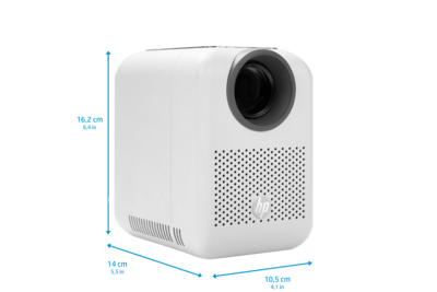 Projektor HP CC180W Front rechte Seite mit Abmessungen/GO Europe