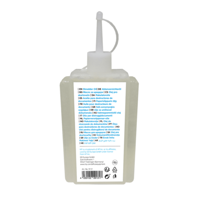 HP Aktenvernichter Öl 120 ml Flasche Rückseite/GO Europe