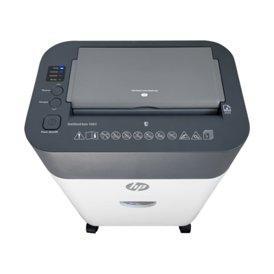 Aktenvernichter HP OneShred Auto 100CC Front oben blaue LED/GO Europe