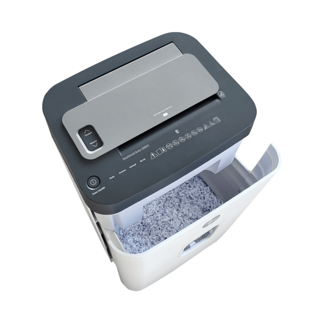 Aktenvernichter HP OneShred Auto 200CC geöffnet mit Schnittgut/GO Europe