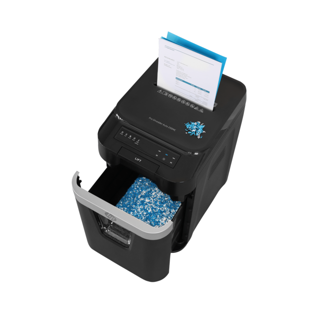 Aktenvernichter HP Pro Shredder Auto 200MC Front linke Seite Papierzuführung offener Behälter blaue LED/GO Europe