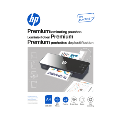 Opakowania Folie laminacyjne HP Premium A4 125 Micron 25 sztuk perforowane na szarym tle/GO Europe