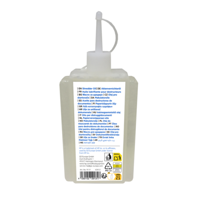 HP Aktenvernichter Öl 120 ml Flasche Rückseite/GO Europe
