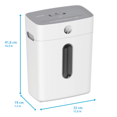 Aktenvernichter HP OneShred 8CC mit Abmessungen/GO Europe