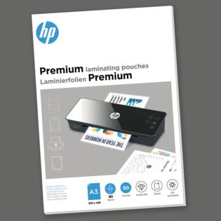 Verpackung HP Laminierfolien Premium A3 80 Micron 50 Stück auf grauem Hintergrund/GO Europe