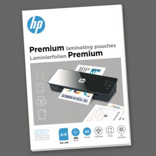 Verpackung HP Laminierfolien Premium A4 250 Micron 50 Stück auf grauem Hintergrund/GO Europe